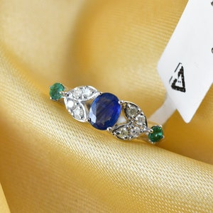 Blue sapphire ring, Genuine Diamond engagement ring with Emerald, Sterling silver ring