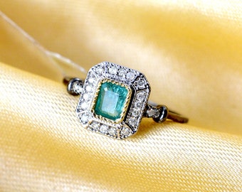 Emerald Ring Vintage /  Natural Emerald Ring with Diamond/ Emerald engagement ring/ Sterling Silver