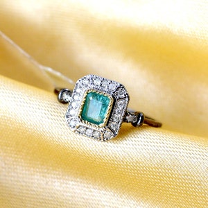 Emerald Ring Vintage / Natural Emerald Ring with Diamond/ Emerald engagement ring/ Sterling Silver image 1