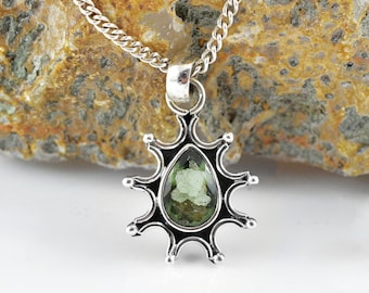 Faceted Moldavite Teardrop Necklace - Sterling Silver, Genuine Gemstone