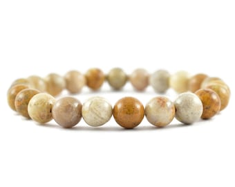 FOSSIL CORAL Round Beaded Bracelet – Cristales curativos, Pulsera de piedras preciosas