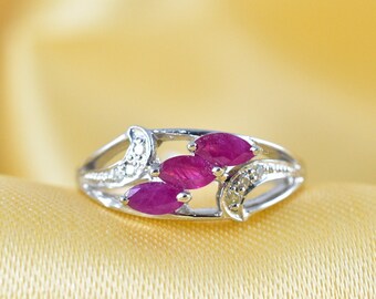 Natural Ruby Sterling Silver Ring, Genuine Diamonds