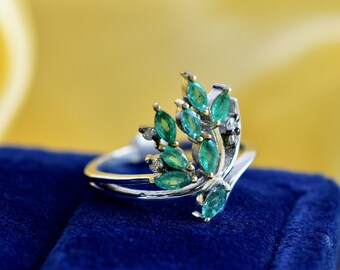 Emerald Diamond Engagement Ring, Sterling Silver Leaf Design
