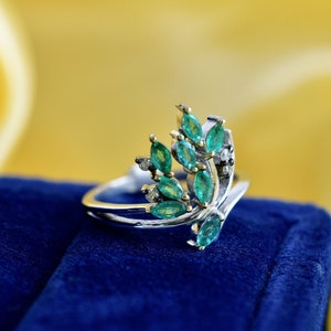 Emerald Engagement Ring /  Natural Emerald Diamond Ring / Sterling Silver