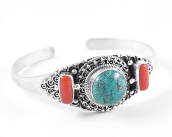 Turquoise and Coral Sterling Silver Cuff Bracelet, Tibetan Tribal Jewelry
