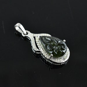 Carved Moldavite Necklace with Genuine Diamonds , Authentic Moldavite Sterling Silver Pendant
