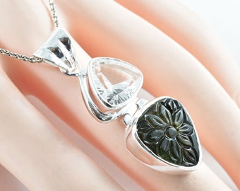 Carved Moldavite Necklace with Concave Cut Quartz, Sterling Silver Pendant