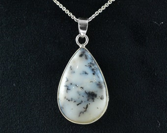 Teardrop Merlinite Sterling Silver Pendant, Dendritic Agate