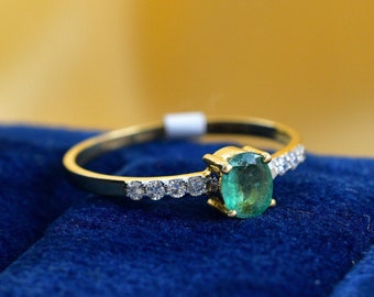 Vintage Emerald Ring with Diamond Accent, 14K Solid Gold