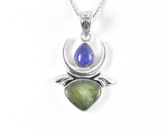 Moldavite Tanzanite Sterling Silver Necklace, Czech Meteorite Jewelry