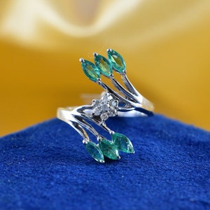 Unique Emerald Diamond Engagement Ring /  Natural Emerald Ring / Sterling Silver
