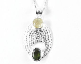 Moldavite & Libyan Desert Glass Pendant - Sterling Silver Gemstone