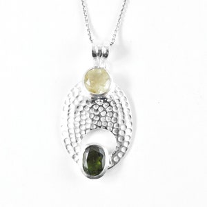 Genuine Faceted Moldavite Pendant with Libyan Desert Glass - Sterling Silver Pendant, Natural Moldavite Gemstone, Christmas Gift