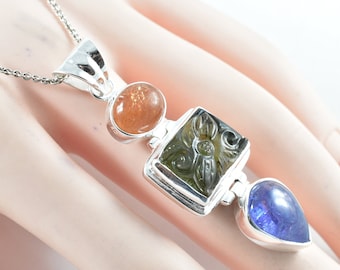 Carved Moldavite Necklace with Tanzanite & Sunstone, Sterling Silver