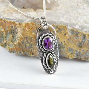 Facettierte Moldavit Sterling Silber Halskette mit facettiertem Amethyst, Echte Tschechische Moldavit Halskette