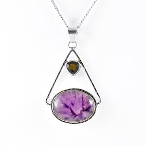 Billionen geschnittene Moldavit Halskette mit Trapiche Amethyst, Sterling Silber Anhänger, Weihnachtsgeschenk, Herzchakra