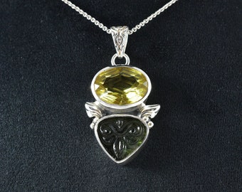 Carved Moldavite & Lemon Quartz Sterling Silver Pendant