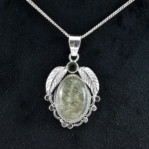 Moldavite and Libyan Dessert Glass Pendant  - Floral theme Sterling Silver Pendant, Genuine Moldavite, Czech Republic Moldavite Jewelry