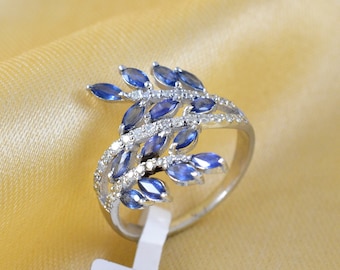 Marquise Sapphire Ring, Diamond Sterling Silver Art Deco Promise Ring