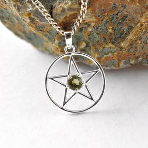 Pentagram Moldavite Pendant, 4.5 mm Faceted Moldavite Necklace, Authentic Moldavite Sterling Silver Pendant