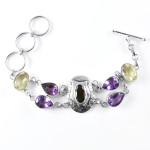 Moldavite, Amethyst and Libyan Dessert Glass Bracelet, Oval Faceted Moldavite Bracelet, Handmade Sterling Silver Bracelet, Moldavite Jewelry