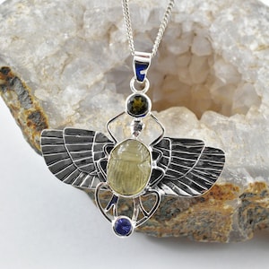 Scarab beetle Pendant, Moldavite, AAA Libyan Desert Glass and Tanzanite, Libyan Gold Tektite, Libyan Glass, Egyptian Scarab Beetle Jewelry