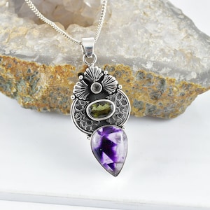Facettierte Moldavit Halskette mit Trapiche Amethyst und Topas Akzent, Sterling Silber Anhänger, Weihnachtsgeschenk, Herzchakra