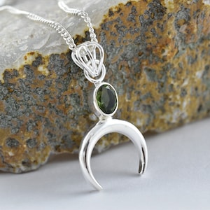 Sterling Silver Moldavite Moon Necklace, Czech Tektite Pendant