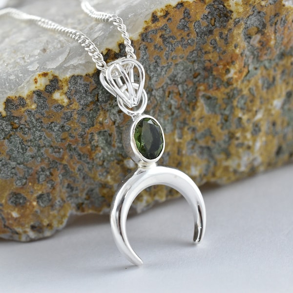 Sterling Silver Moldavite Moon Necklace, Czech Tektite Pendant