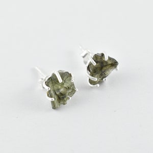 Raw Moldavite Earrings, Genuine Moldavite Studs, Sterling Silver Earrings