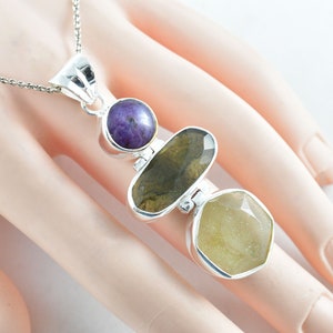 Genuine Moldavite Necklace with Libyan Desert Glass and Star Ruby, 925 Sterling Silver Necklace