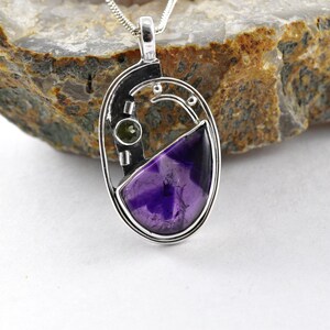 Facettierte Moldavit Halskette mit Trapiche Amethyst, Sterling Silber Anhänger, Weihnachtsgeschenk, Herzchakra