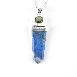 Faceted Moldavite Pendant with Lapis Lazuli, Sterling Silver Pendant