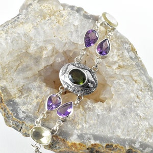 Moldavite, Amethyst and Libyan Dessert Glass Bracelet, Oval Faceted Moldavite Bracelet, Handmade Sterling Silver Bracelet, Moldavite Jewelry