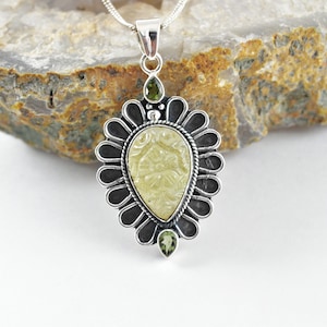 Authentic Moldavite Pendant with Libyan Dessert Glass, Floral theme Sterling Silver Pendant, Natural Moldavite, Czech Moldavite Jewelry