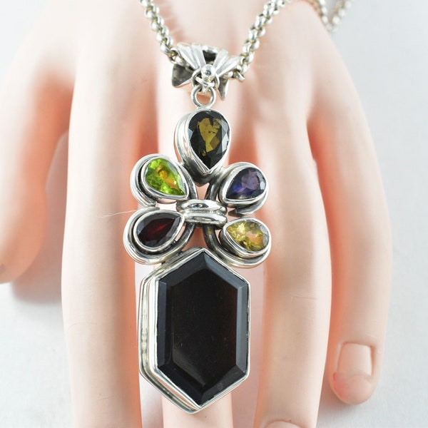 Faceted Moldavite Sterling Silver Necklace with Agni Manitite, Amethyst, Garnet, Citrine and Peridot, Genuine Czech Moldavite Necklace