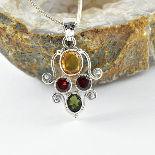Moldavite Necklace with Faceted Garnet and Citrine, 925 Sterling Silver Pendant, Christmas gift, Heart Chakra