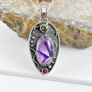 Facettierte Moldavit Halskette mit Trapiche Amethyst und Granat, Florales Thema Sterling Silber Anhänger, Weihnachtsgeschenk, Herzchakra