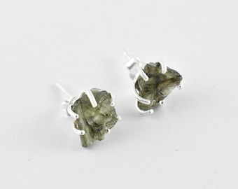 Genuine Raw Moldavite Sterling Silver Stud Earrings