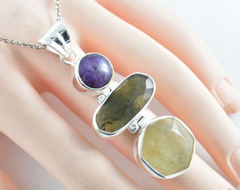Genuine Moldavite Necklace with Libyan Desert Glass and Star Ruby, 925 Sterling Silver Necklace