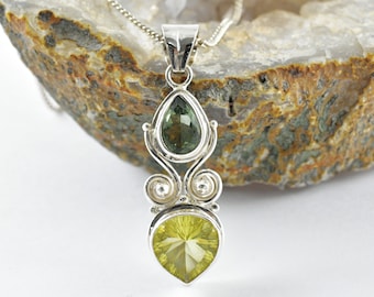 Faceted Moldavite & Lemon Quartz Sterling Silver Pendant