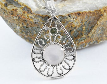 Faceted Moldavite & Rose Quartz Sterling Silver Pendant