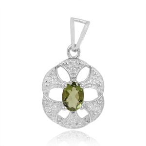 Faceted Moldavite Necklace with Cubic Zirconia, 7*5mm Oval Authentic Moldavite Sterling Silver Pendant
