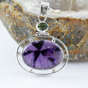 Facettierte Moldavit Halskette mit Trapiche Amethyst, Sterling Silber Anhänger, Weihnachtsgeschenk, Herzchakra