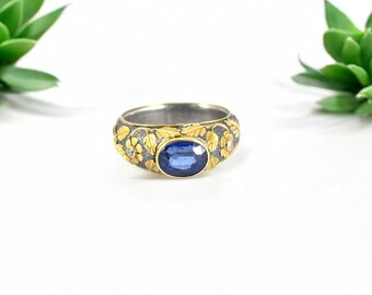 Natural Kyanite Ring, 18K Gold Sterling Silver, Floral Botanical Ring, Size 6.5