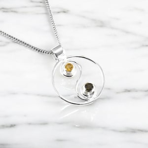 Moldavite Citrine Pendant, Sterling Silver Circle, Czech Jewelry