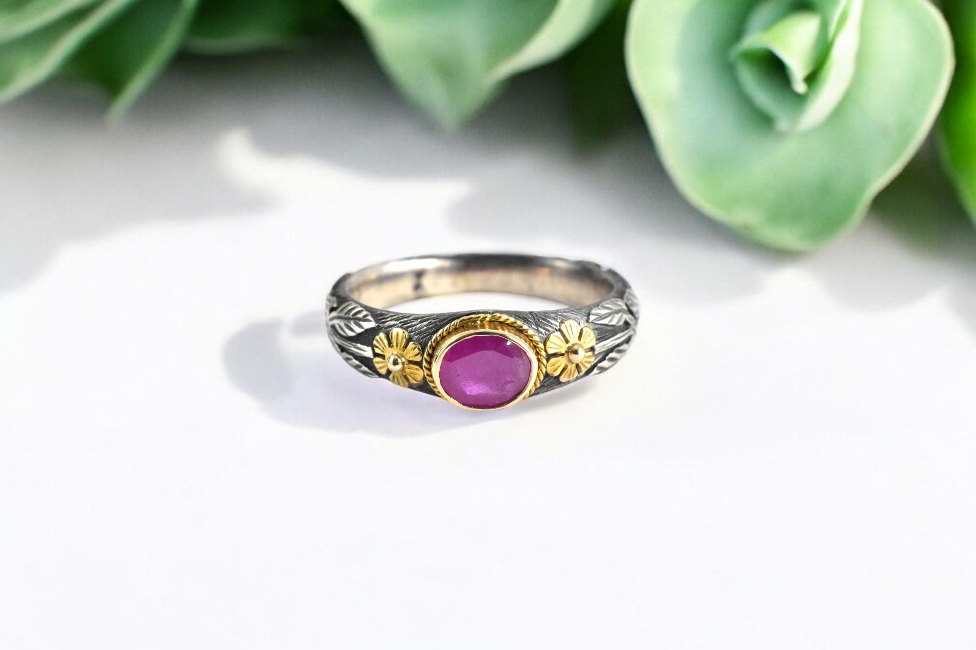 Genuine Ruby Ring, 18K Gold and Silver Ring, Artisan Design Ring, Faceted Ruby Ring, Flower Leaf Ring, Anniversary Gift, Ruby Wedding Ring