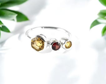 Garnet Citrine Sterling Silver Triple Stone Ring, Size 7