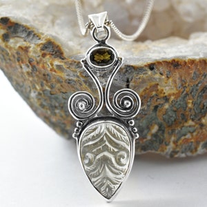 Moldavite & Libyan Dessert Glass Carving Pendant, Floral theme Sterling Silver Pendant, Genuine Moldavite, Czech Republic Moldavite Jewelry