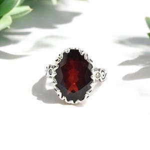 Natural Garnet with Diamond Ring, 925 Sterling Silver Ring, Nature Design Ring, Faceted Garnet Ring, Gift for wife,sis,mom, Engagement Ring